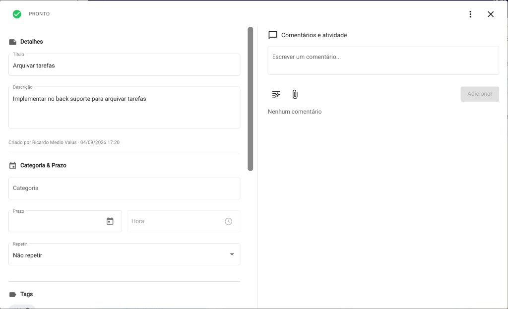 Detalhe da tarefa, com checklist, compartilhamento e comentários