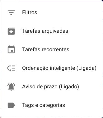 Menu da Agenda, com filtros, arquivadas, recorrentes, ordenação inteligente e aviso de prazo