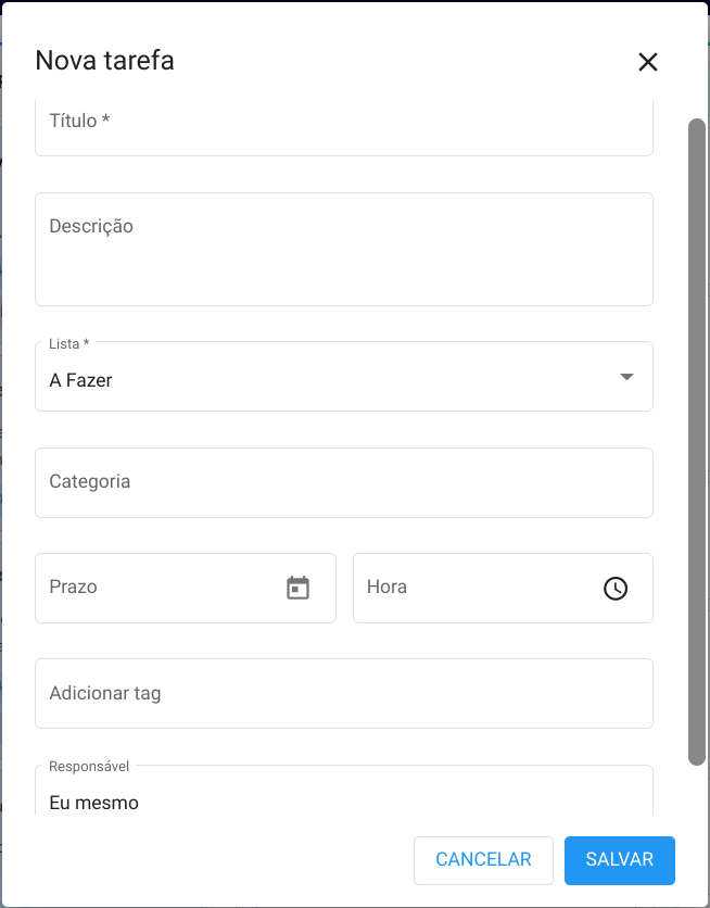 Janela de nova tarefa, com título, lista, prazo, tags e responsável
