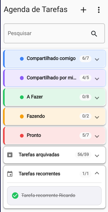 Painel da Agenda de tarefas, com busca e listas em sanfona